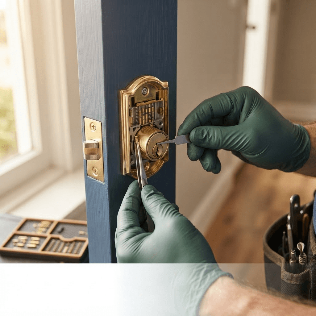 A locksmith carefully working on a door lock