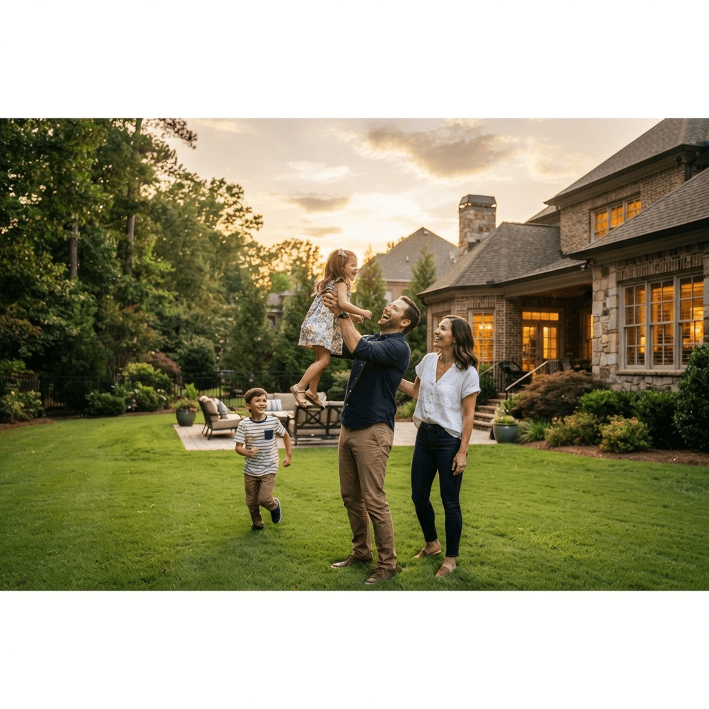 A family enjoying time together outside their home