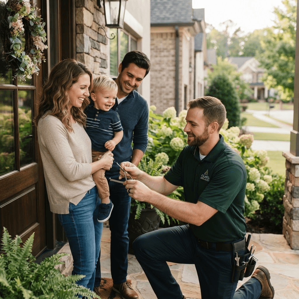 Friendly locksmith helping a family at their front door